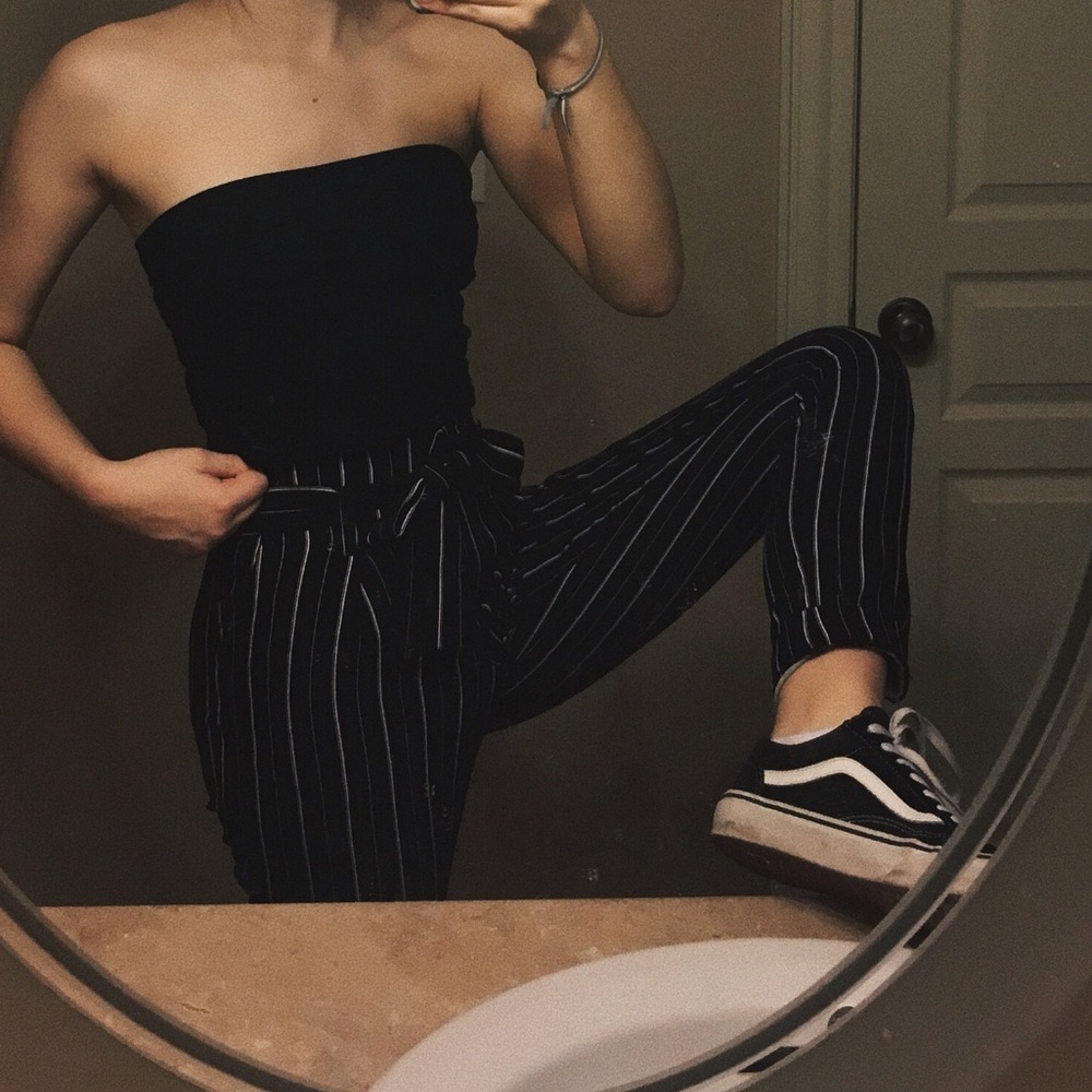 Black and white striped dress pants